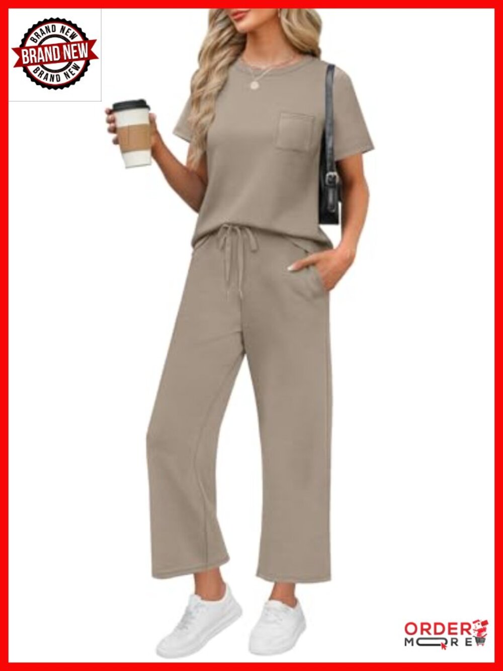 Womens 2 Piece Lounge Set Short Sleeve Wide Leg Crop Pants Travel